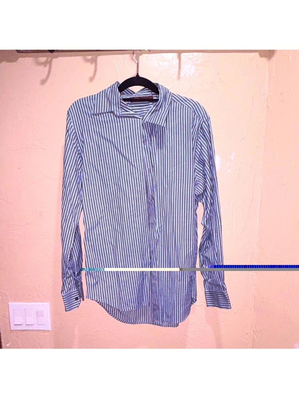 Perry Ellis Cotton Blue/White Striped Dress Shirt L Long Sleeve Button Front
